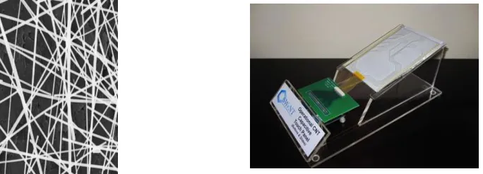 Figure 2: (left) Silver nanowire transparent electrodes. (right) An example of a carbon nanotube touch screen