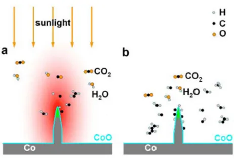 FIG. 5. The artiﬁcial photosynthesis mechanism. (a) Incident light becomes intensiﬁed around cobalt nanostructures coveredwith a CoO thin layer