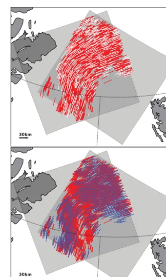 Figure 5. Sea ice drift of the Sentinel-1 image pair Fram Strait (Ta-ble 1). (a) Manually drawn vectors are shown in white and the com-puted ORB vectors in red