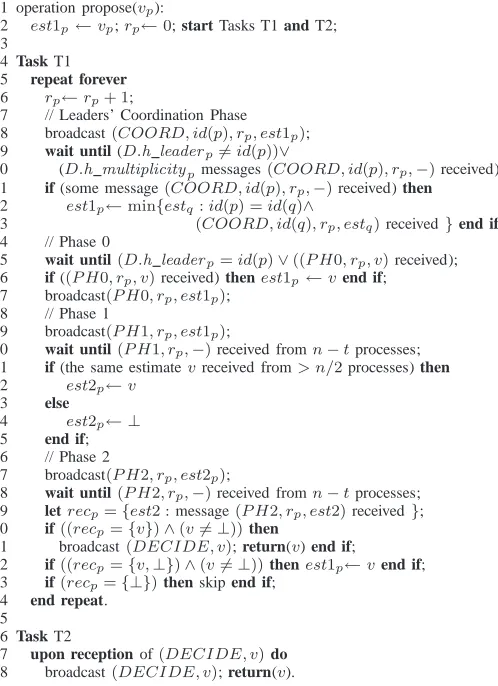 Figure 4 of [20]. We omit further details due to space restric-tions. The following lemmas are the key of the correctness ofthese will eventually converge to propose the same value atthe algorithm