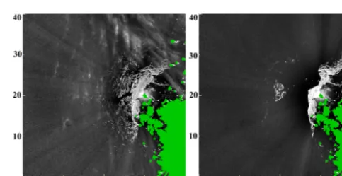 Figure 7. The ﬁrst and last image of the February 2011 test data set.The coordinates are in kilometres, and the radar is located at (row,column) = (20,30)