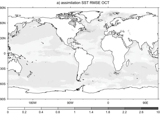 Fig. 2   RMS differences in October anomalous SST from the HiGEM assimilation experiment and ocean analysis SSTs from Smith and Murphy  (2007)