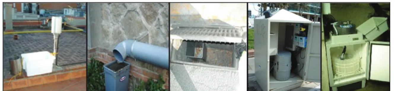 Figure 2: Some of the sampling devices used in the study (left to right): First to third: Accumulative sampler  located on roof next to rain gauge (pure urban rainwater); on roof drainage (roof runoff point) and at sewer inlet 