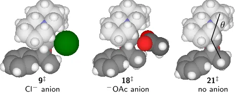 Figure 2.6: β-hydride elimination transition states incorporating chloride (9‡), acetate (18‡), and noanion (21‡), optimized in toluene