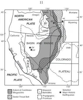 Figure 2.1.Map of the western United States showing major tectonic, geologic, andphysiographic features discussed in the text.Batholith