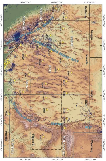 Figure 2.2. Shaded digital elevation model of the western United States showing the major seismic belts, and earthquakes greater
