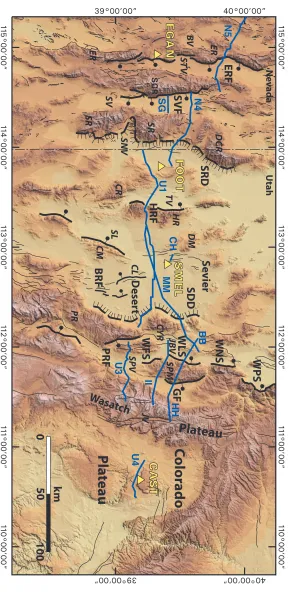 Figure 2.3. Shaded relief map of the area of study showing GPS sites (yellow triangles), seismic reﬂection proﬁles (green lines), and