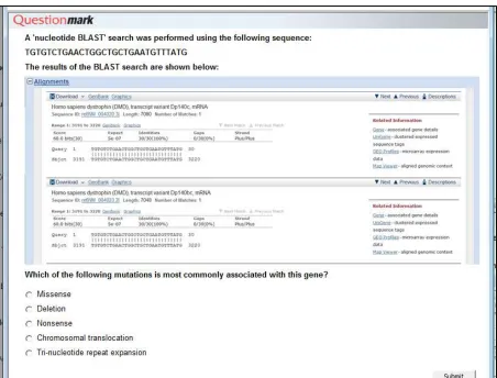 Figure 1. Screen capture of the BLAST software data and associated multiple choice question taken from a previous iteration of the e-assessment