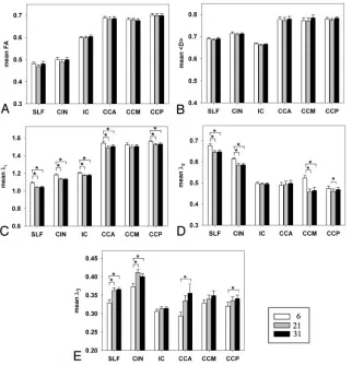 Fig 2. Mean value in 6 ROIs for the 3 protocols;�gray barsprotocols. *, A for FA,B for �D�, C for �1, D for �2, and E for �3