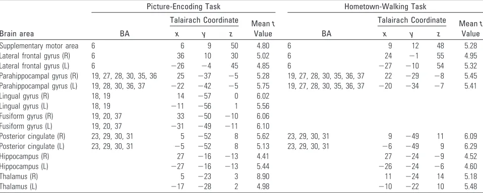 Table 2: Brain areas activated during fMRI tasks in the control group