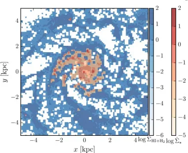 Figure 2.1: Example of one of our maps, made from a Milky Way-mass simulatedgalaxy atSpiral arms and increasing density towards the galactic core are clearly visible,and the instantaneous star formation rate is seen to closely trace the densest gasstar for