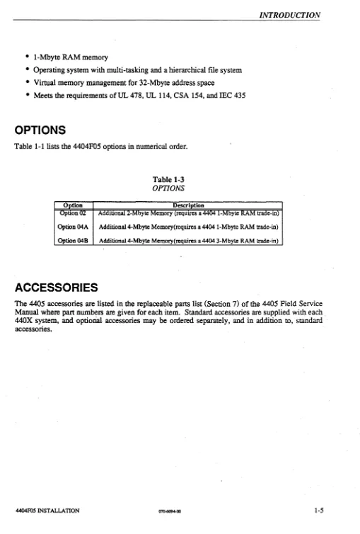 Table 1-1 lists the 4404F05 options in numerical order. 