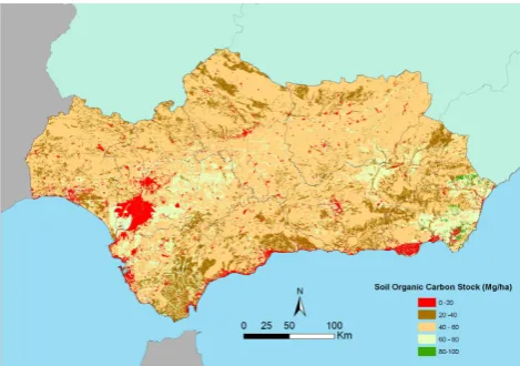 Fig. 6. Map of soil organic carbon content (0–75 cm) in Andalusia.