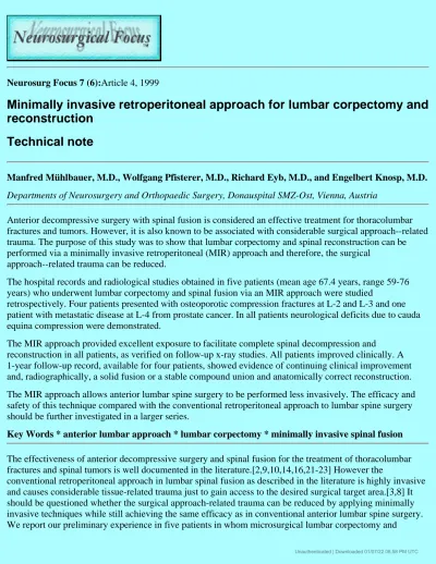 Minimally Invasive Retroperitoneal Approach For Lumbar Corpectomy And Reconstruction Technical Note