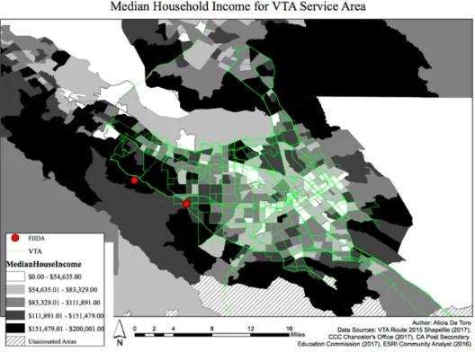 Figure 3. Map depicting income differences in the communities connected to FHDA through the VTA transportation network