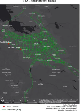 Figure 4. Map depicting the transportation network provided to students through the approval of the Eco Pass program at each campus location