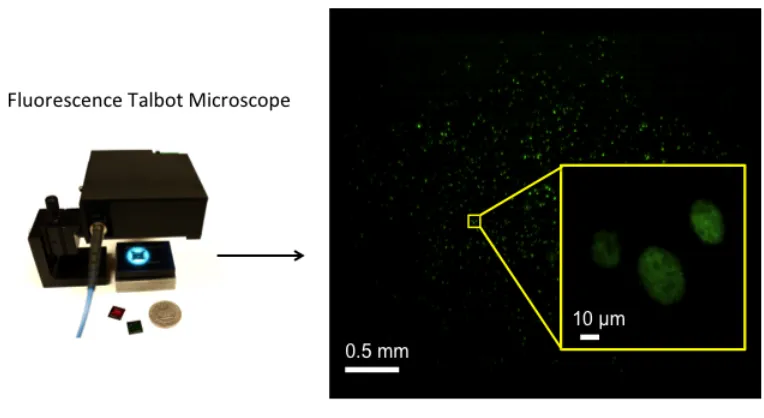 Figure 1.4. The fluorescence Talbot microscope (FTM) prototype and a large field of view image acquired by the prototype