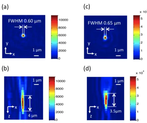 Figure 3.6. The intensity profile of the focus generated by FZP. (a) The intensity of the focus at the focal plane by 405 nm excitation