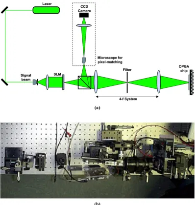 Figure 2-8. Pixel matching experimental setup. (a) Schematic diagram. (b) Detail of the experimental setup.