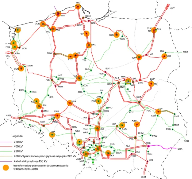 Figure 4. Transformers planned for installation in the years 2014-2018 on the background of  the diagram of the transmission network representing the investments of the Group II planned 