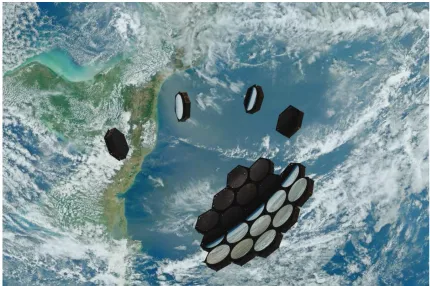 Figure 1.1: Concept illustration of a large segmented mirror being autonomously assembled in space.