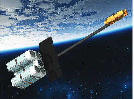 Figure 1.3:Rendering of the current design of the AAReST telescope showing the four primary mirrorsegments mounted on mirrorcraft, deployed boom, and camera/wavefront sensor.