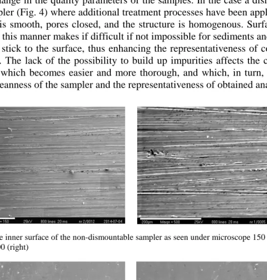 Fig. 3. The inner surface of the non-dismountable sampler as seen under microscope 150 (left) and  500 (right) 