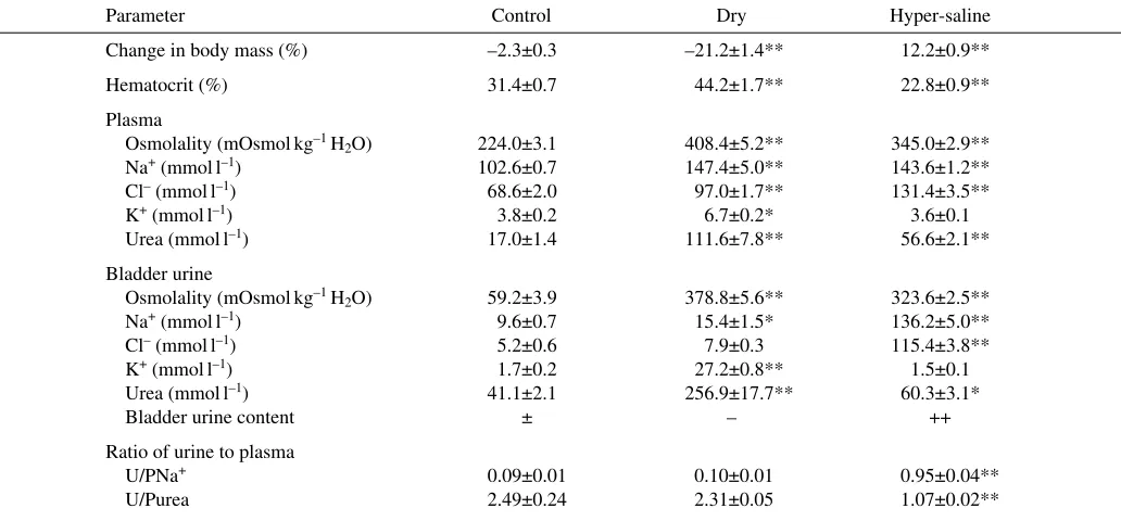 Table 1. Plasma and bladder urine parameters in various osmotic conditions