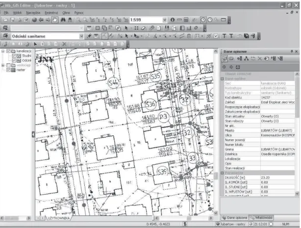 Fig.  2. The  layout  of  network  in  the  connection  of  oriented  graph  of  the  network  (3D  data)  with  descriptive  data  in  Mb_GIS  Edytor program using a bit map [16]