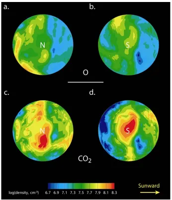 Figure 4.2. O density maps at the North (a) and South (b) hemispheres; COinitials N and S, respectively
