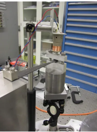 Figure 2.5: A loaded maraging steel test blade, showing an electromagnetic actuator. Oneend mirror of the Michelson interferometer is mounted on the bottom of the loadingmass.
