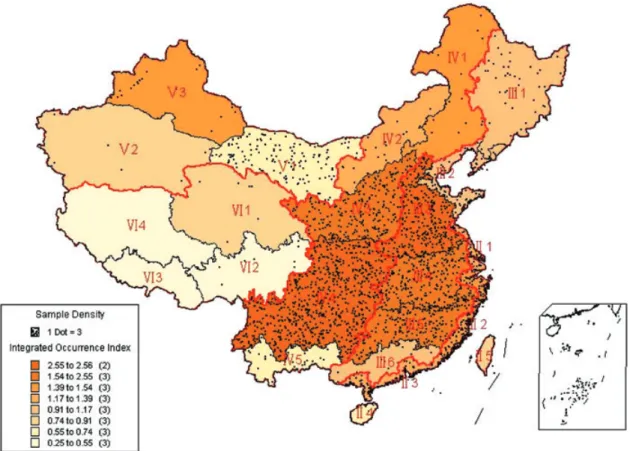 Fig. 2. Sample density plotted on the regionalization map of natural disasters in China.