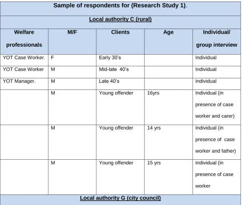 Table 3.2: Table of samples of respondents in interviews, Research Study 1. 