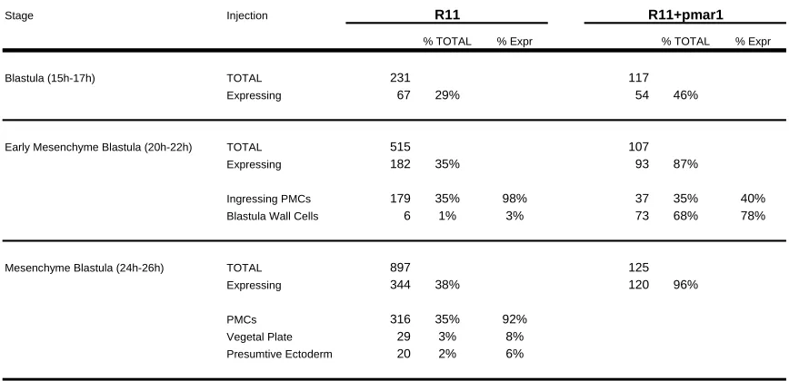 Table 2.1. Expression of GFP in embryos microinjected with the R11-GFP reporter construct and 