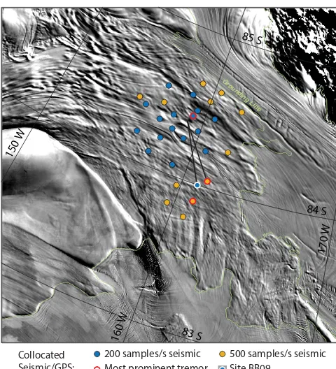 Figure 1. Map of the Whillans Ice Plain (WIP) and surroundingarea. The dots show the collocated seismometer-GPS deploymentsused in this study