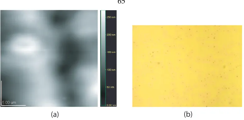 Figure 5.7: (a) AFM image of an annealed polynorbornene ﬁlm.(b) Opticalmicrograph (200x magniﬁcation) of an annealed polynorbornene ﬁlm.