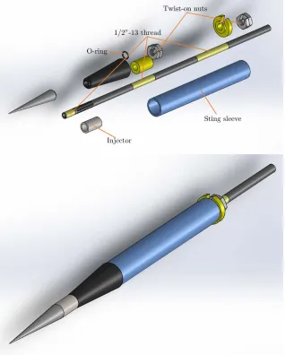 Figure 2.9: Exploded view and assembly of solid model of the test article with thecylindrical injector