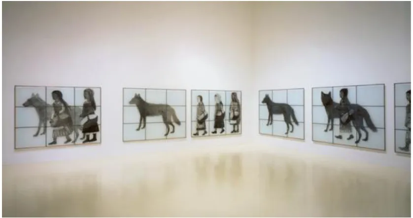 Figure 9. Kiki Smith. Gang of Girls and Pack of Wolves, 1999 Fired paint on glass with brass and lead 69-3/8 x 53-3/4 " (176.2 x 136.5 cm), 12 glass sheets, each installation dimensions variable ©Kiki Smith, Courtesy PaceWildenstein, New York Photo By: Ellen Page Wilson/Courtesy PaceWildenstein, New York 