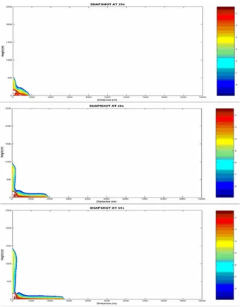 Fig. 2a. Snapshots of the solid particle concentration (logarithmic scale) as a function of distance and height at 20 s, 40 s, and 60 s.