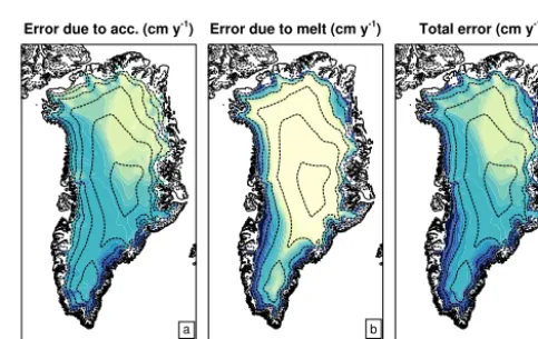 Figure 9. Fraction of surface lowering (negative velocities only) during 1980–2014 caused by (a) melt; (b) ﬁrn compaction; (c) snowdriftprocesses; and (d) sublimation