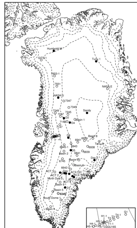 Figure 2. Map of Greenland showing the 62 ﬁrn cores used forvalidation of the ﬁrn model