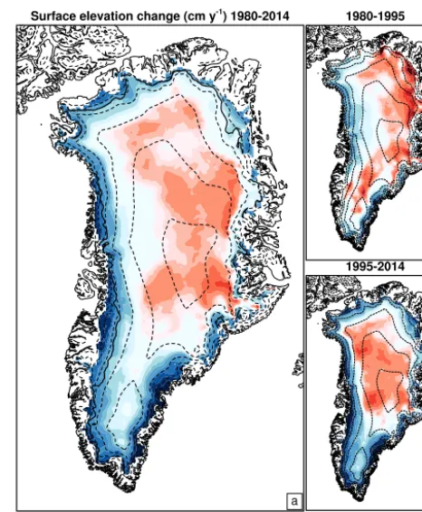 Figure 6. Modelled ﬁrn air content F on 1 September 2014 (in m).Dashed contour lines at 500 m height intervals.