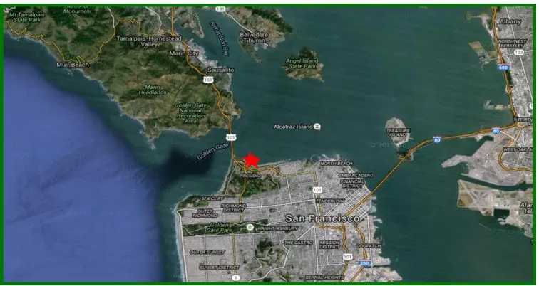 Figure 2. The sampling locations: Torpedo Wharf, Fort Point and Gulf of the Farallones Visitor Center (NOAA), San Francisco, CA USA (Google Maps 2017)