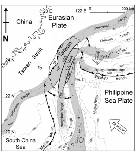 Figure 3.1.  Taiwan is experiencing a transitory tandem suturing of a volcanic arc and a sliver of continental crust to the Asian continental margin