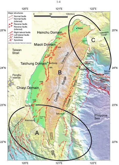Figure 1.1.  Map of the active faults and anticlines of the Taiwan orogen.  Principal active faults and anticlines appear in red, and a key inactive fault appears as black dashes