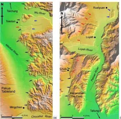 Figure 2.2.  Two examples showing the geomorphic evidence for active structures visible in the 40-m DEM