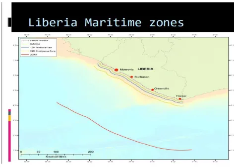 Figure 3 Map Showing IEZ,CZ,TW and EEZ of Liberia's Maritime Domain    Source (Braimah, 2012) 