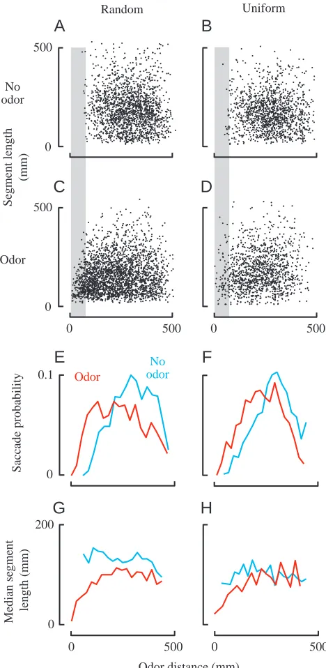 Fig. 8. Flies orient towards an odor source located near the wall at270° (indicated by broken lines) when ﬂying within visually texturedsurroundings
