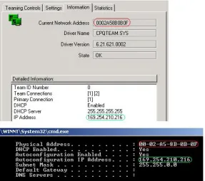 Figure 2 compares a CPQTEAM properties page with the corresponding Windows 2000 ipconfig screen, showing the relationship between IP and MAC addresses