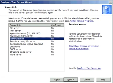 Figure 1.2: Default roles available in WS2K3 Standard Edition. 